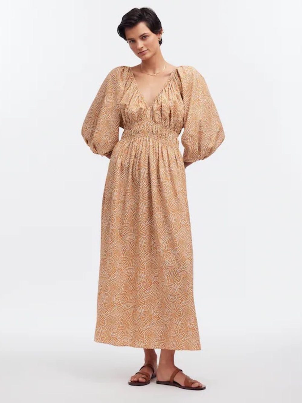 Madewell Beige Printed V‑Neck Maxi Dress with Puff Sleeves